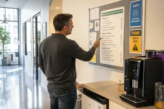 Manager reading a health and safety checklist on a noticeboard in an office break area, natural light, candid moment