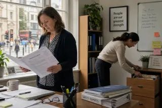 HR manager studying a document by a window, colleague searching a filing cabinet, natural office light, candid moment.