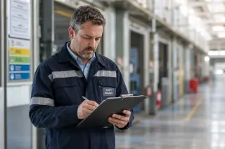 Thoughtful safety manager reviewing clipboard in a softly lit industrial corridor, surrounded by subtle workplace details.