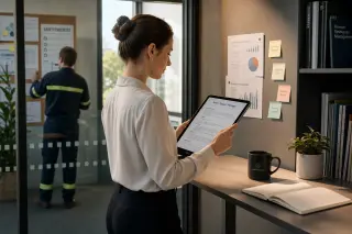 HR manager reviewing job description at a standing desk, colleague consulting safety checklist in background, office setting, soft daylight
