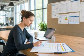 Woman reviewing printed risk analysis checklist in a calm, sunlit office break area, noticeboard with documents in background.