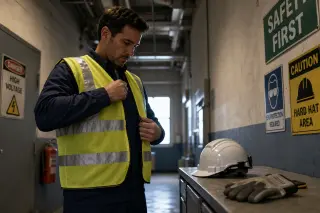 Woman in work clothes watching a safety training module on a tablet during a break in a modern factory, headphones on and sunlight streaming in.