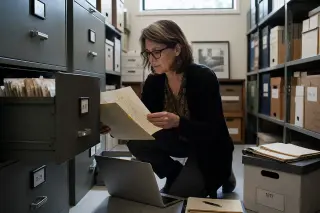 Woman reviewing security audit documents in a calm archive room, natural soft light filtering in.