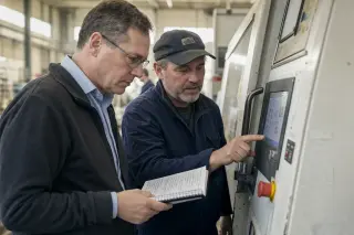 Manager and worker in industrial setting quietly reviewing equipment data together in soft natural light